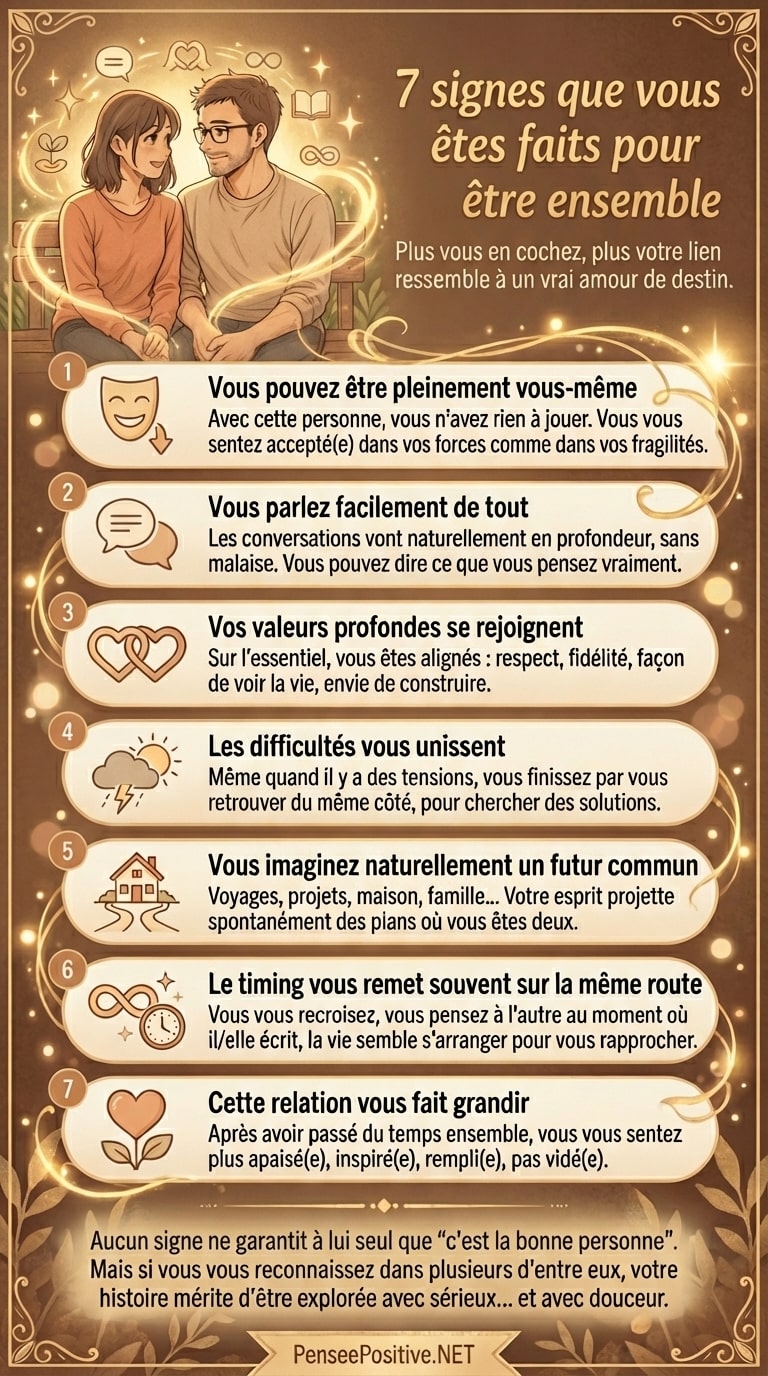 7 signes qui indiquent que vous êtes destinés à être ensemble 3 Infographie illustrée présentant les 7 signes que vous êtes faits pour être ensemble, avec un couple assis sur un banc dans une ambiance douce et des icônes évoquant la communication, les valeurs communes et le futur à deux