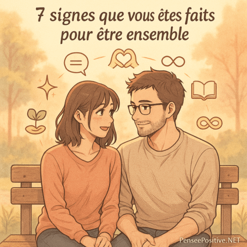 un couple amoureux sur un banc au coucher du soleil, entouré d’icônes symboliques, représentant les 7 signes que vous êtes fait pour être ensemble