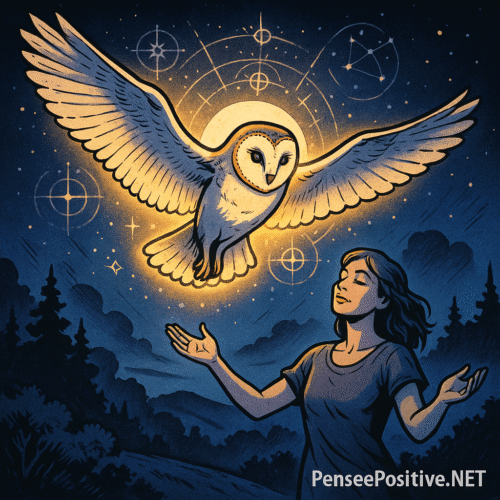 Animal totem chouette effraie illuminée planant dans la nuit étoilée au-dessus d'une femme paisible aux bras ouverts, recevant son message spirituel dans une clairière mystique
