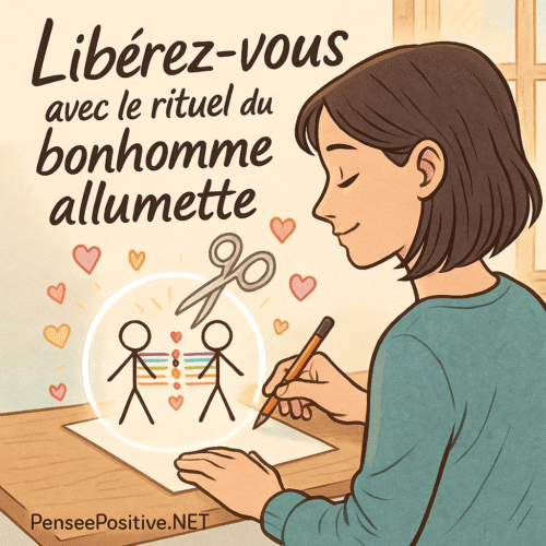 Bonhomme allumette : la méthode pas à pas pour se libérer des liens toxiques 2 Une femme dessinant la méthode des petits bonhommes allumettes sur une feuille, avec des chakras colorés et des cœurs symbolisant la libération émotionnelle