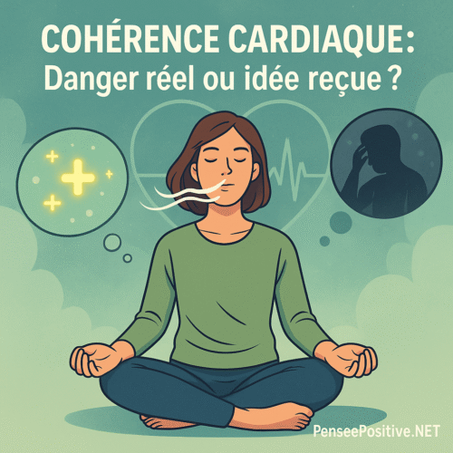 Femme méditant en position assise, pratiquant la cohérence cardiaque, avec des bulles illustrant les bienfaits et les dangers possibles, sur fond vert apaisant. Texte : Cohérence cardiaque : danger réel ou idée reçue ?