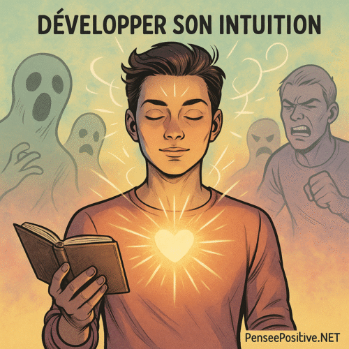 Comment développer son intuition : 9 exercices concrets + la méthode complète 2 Personne sereine tenant un carnet, rayonnant de lumière au niveau du cœur, entourée de figures fantomatiques représentant la peur, avec le texte "Développer son intuition"