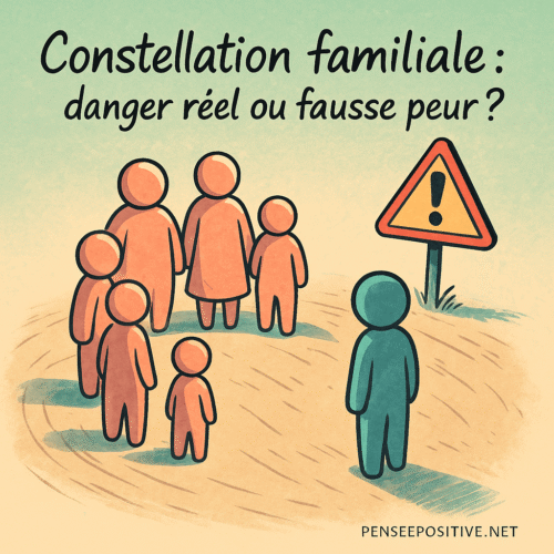 Constellation familiale : danger réel ou peur injustifiée ? Voici ce qu’on ne vous dit pas 🧠 14 une constellation familiale stylisée avec un panneau 'Danger' en arrière-plan, représentant une figure isolée face à un groupe, sur fond pastel – question posée : 'Constellation familiale : danger réel ou fausse peur ?