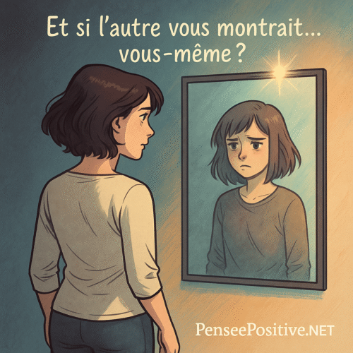 une femme face à un miroir reflétant une version plus jeune et triste d’elle-même, symbolisant l’effet miroir en psychologie et le travail d’introspection émotionnelle