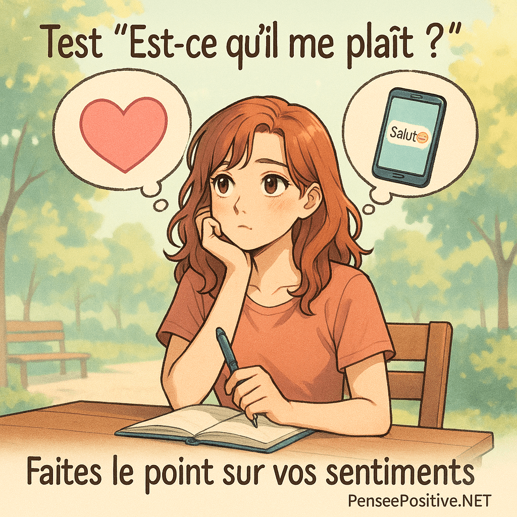 Est-ce qu’il me plaît ? Le test rapide (et révélateur) pour enfin y voir clair 2 Illustration d'une femme pensive tenant un carnet intitulé "Mon Journal d'Émotions", entourée de bulles représentant un cœur et un message texte. Image carrée représentant le test "Est-ce qu’il me plaît" sur PenseePositive.NET.