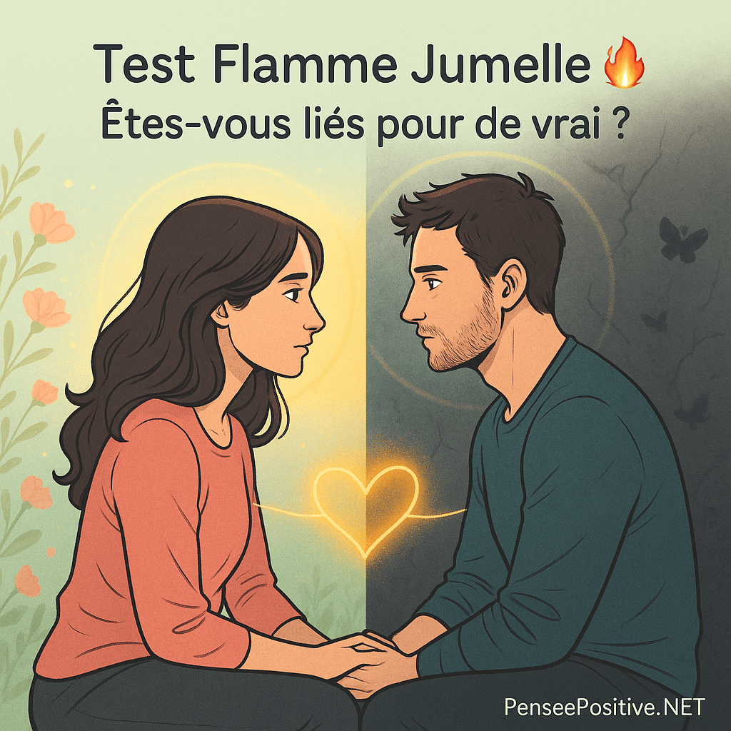 Test Flamme jumelle GRATUIT : découvrez si ce lien intense est vraiment unique 2 un homme et une femme se regardent intensément, reliés par un fil doré lumineux entre leurs cœurs. À gauche, une ambiance paisible avec des fleurs et de la lumière ; à droite, une atmosphère sombre et orageuse avec des papillons dans l’ombre. Texte : Test Flamme Jumelle 🔥 Êtes-vous liés pour de vrai ?
