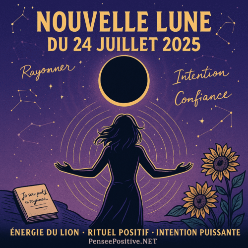 🌑 Nouvelle Lune du 24 juillet 2025 : un portail puissant en Lion pour transformer votre vie 9 Illustration style comic de la Nouvelle Lune du 24 juillet 2025 en Lion, avec une silhouette debout sous un ciel étoilé, un croissant doré en haut, des constellations et des ondes lumineuses pastel symbolisant un rituel d’intention.