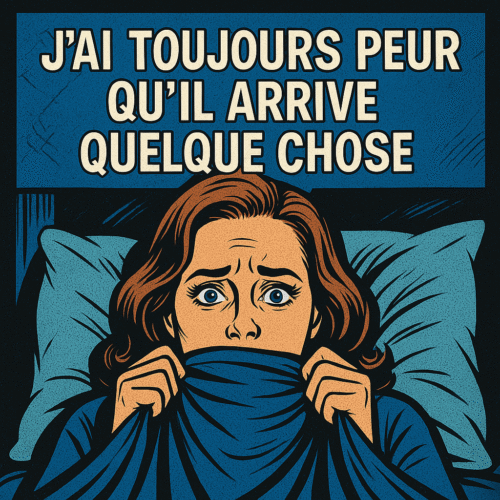 "J’ai toujours peur qu’il arrive quelque chose" : 10 clés pour enfin souffler 2 Femme anxieuse allongée dans son lit, yeux écarquillés de peur, avec la phrase "J’ai toujours peur qu’il arrive quelque chose"