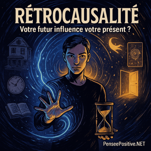 Rétrocausalité : et si le futur influençait déjà votre présent ? 🤯 2 Personnage tenant un sablier, vortex temporel, symboles du passé et du futur, texte “Rétrocausalité : votre futur influence votre présent ?”