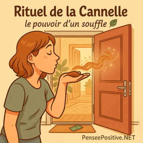 une femme réalisant le rituel de la cannelle en soufflant la poudre vers l’intérieur de son appartement,
