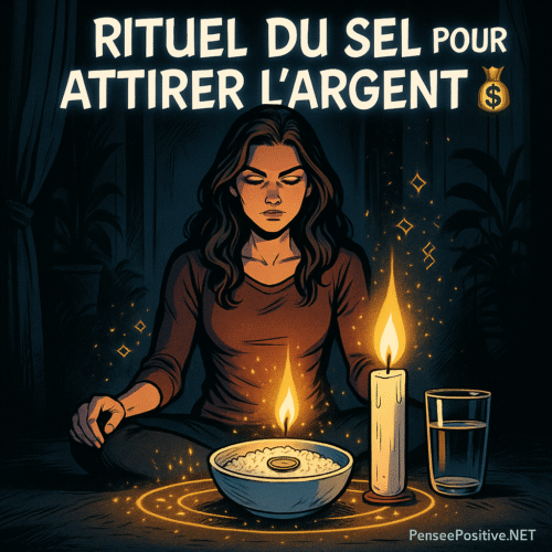 Femme réalisant un rituel du sel pour attirer l'argent, avec bougie blanche, pièce de monnaie, verre d’eau et coupelle de sel