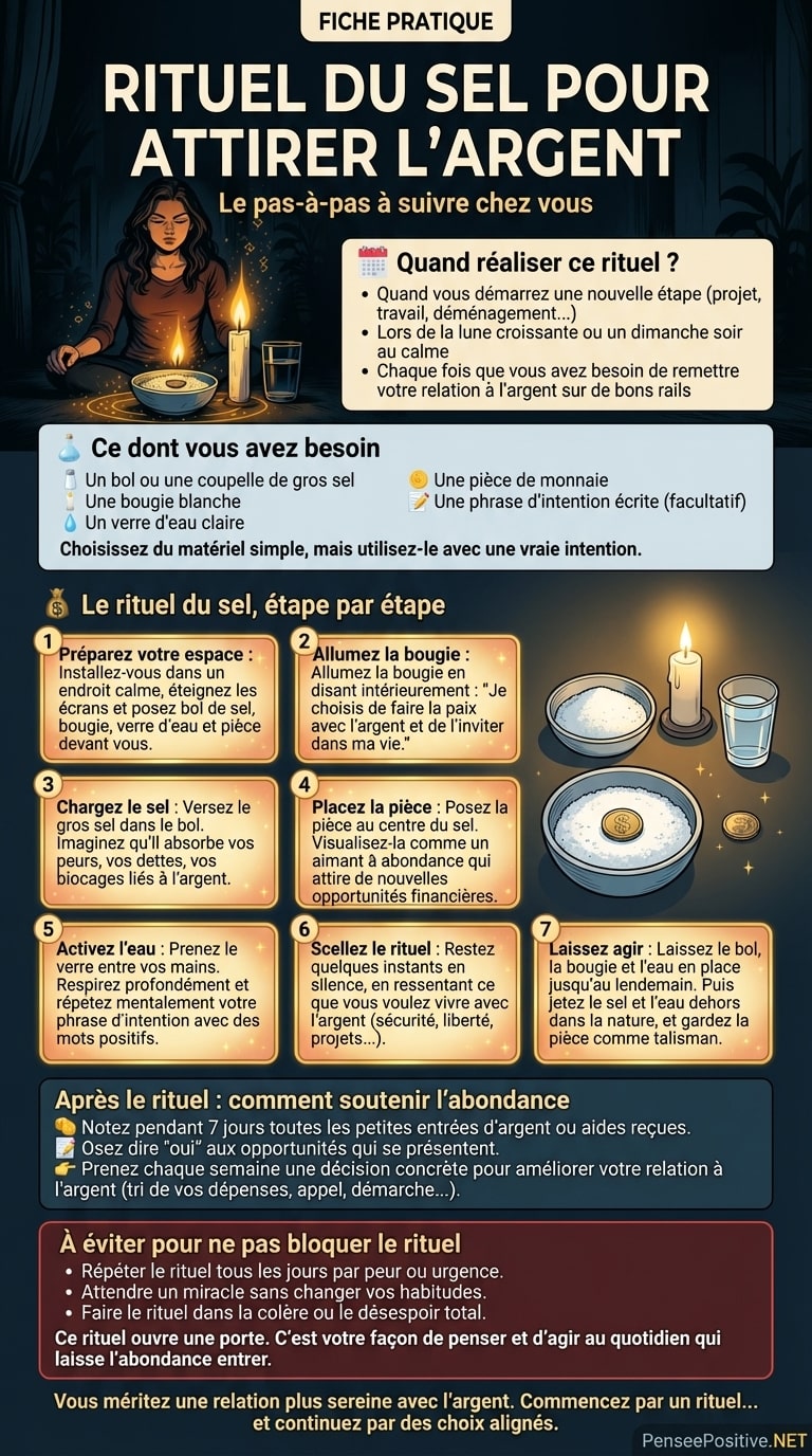 Rituel du sel pour attirer l'argent : la méthode que j'utilise (et pourquoi elle fonctionne) 3 Infographie illustrée du rituel du sel pour attirer l’argent, montrant une femme en méditation devant un bol de gros sel, une bougie et un verre d’eau, avec les étapes du rituel expliquées pour favoriser l’abondance financière