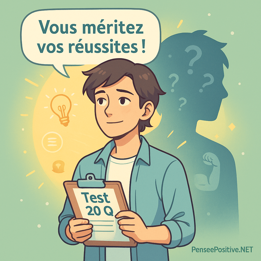 une personne confiante tenant un clipboard marqué « Test 20 Q », halo lumineux derrière elle et silhouette d’ombre pleine de points d’interrogation — visuel principal pour le test du syndrome de l’imposteur