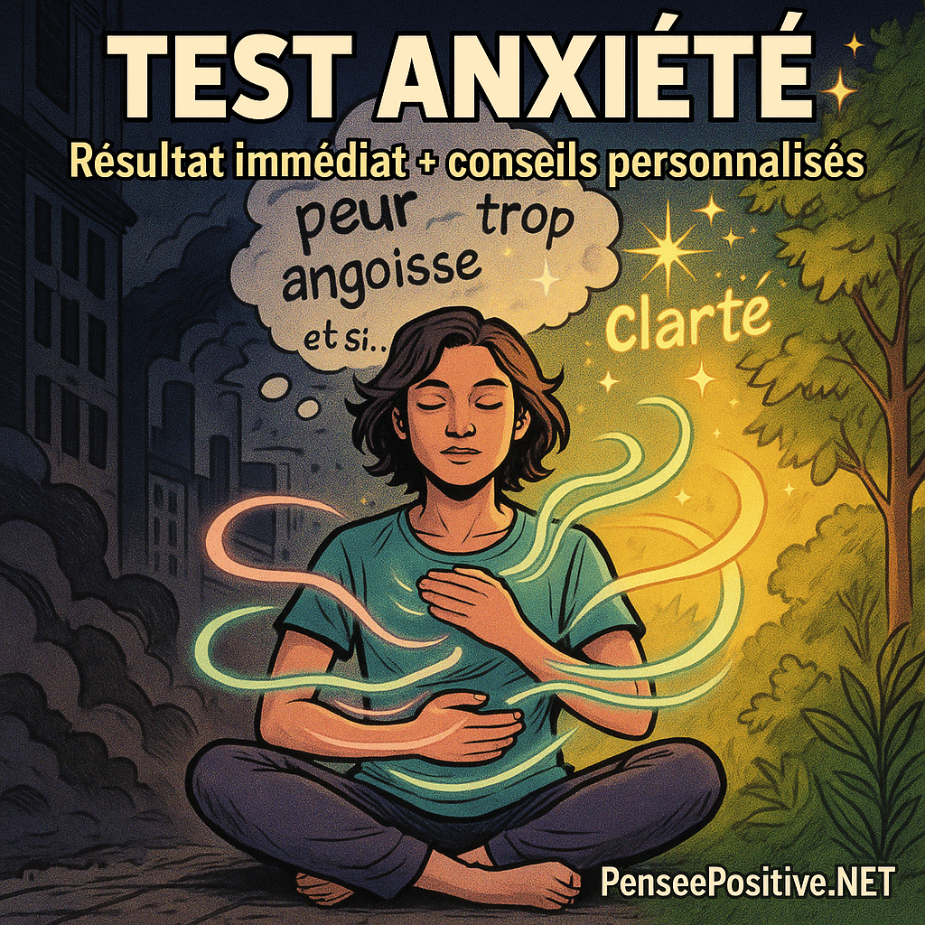 Test Anxiété (GAD-7) : Découvrez en 2 minutes si votre stress cache quelque chose de plus profond 2 une personne méditant pour apaiser l'anxiété, avec les mots 'peur', 'angoisse', 'trop', 'et si…' se transformant en 'clarté', pour le test anxiété de PenseePositive.NET