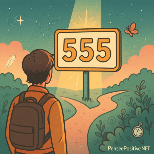 Signification 555 : le message caché de ce nombre (et comment l’utiliser pour transformer votre vie) 2 Illustration symbolique de la signification 555 : un personnage au croisement de sa vie face à un panneau lumineux, représentant un message spirituel de transformation et de changement