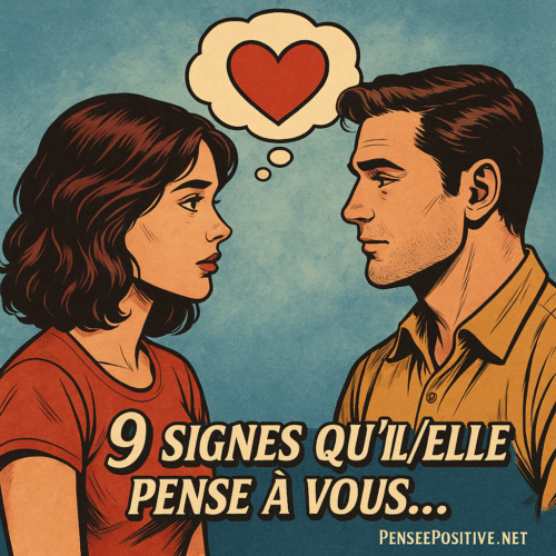 9 signes qu’une personne pense à vous (même sans vous le dire) 3 un homme et d’une femme se regardant avec émotion, reliés par une bulle de pensée en forme de cœur. Texte '9 signes qu’il/elle pense à vous…'. Image de couverture de l’article sur les signes qu’une personne pense à vous, par PenseePositive.NET.