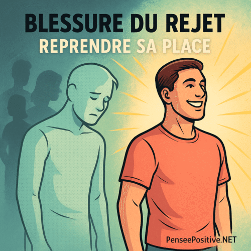Blessure du rejet : 12 signes et le plan concret pour en guérir 2 Illustration montrant la blessure du rejet : une personne effacée et triste (masque du fuyant) qui retrouve confiance et reprend sa place
