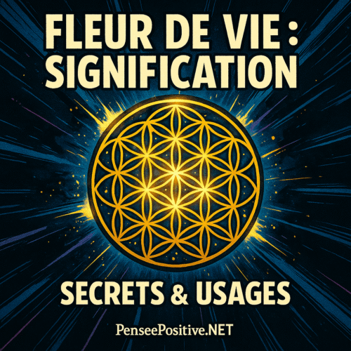 Fleur de Vie : Signification Cachée, Origines Mystérieuses et Usages Surprenants ✨ 2 une fleur de vie dorée éclatante au centre, avec le texte Fleur de Vie Signification : Secrets & Usages