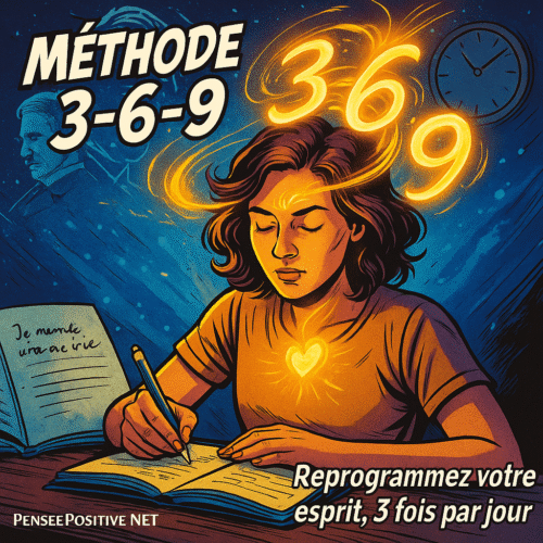 jeune femme concentrée qui écrit ses affirmations selon la méthode 3 6 9, entourée des chiffres 3 6 9 en énergie dorée, avec un carnet, une horloge et un portrait de Nikola Tesla en arrière-plan