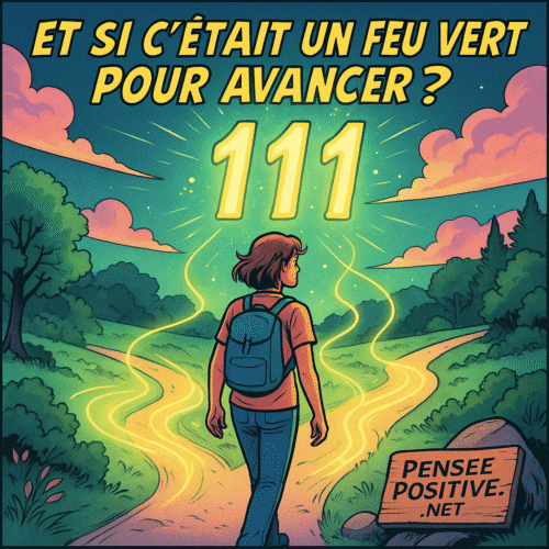 Signification de 111 : ce que ce nombre essaie de vous dire (vraiment) 2 Illustration style comic représentant la signification 111 : une personne face à un choix de vie, guidée par le nombre 111 lumineux sur un chemin mystique