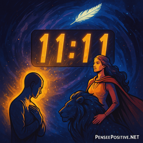 11h11 Signification : Ce Que Cache Vraiment Cette Heure Miroir (Amour, Ange, Numérologie) 2 signification de 11h11 avec une horloge cosmique, une femme symbolisant la force, un lion, une plume blanche et une aura spirituelle