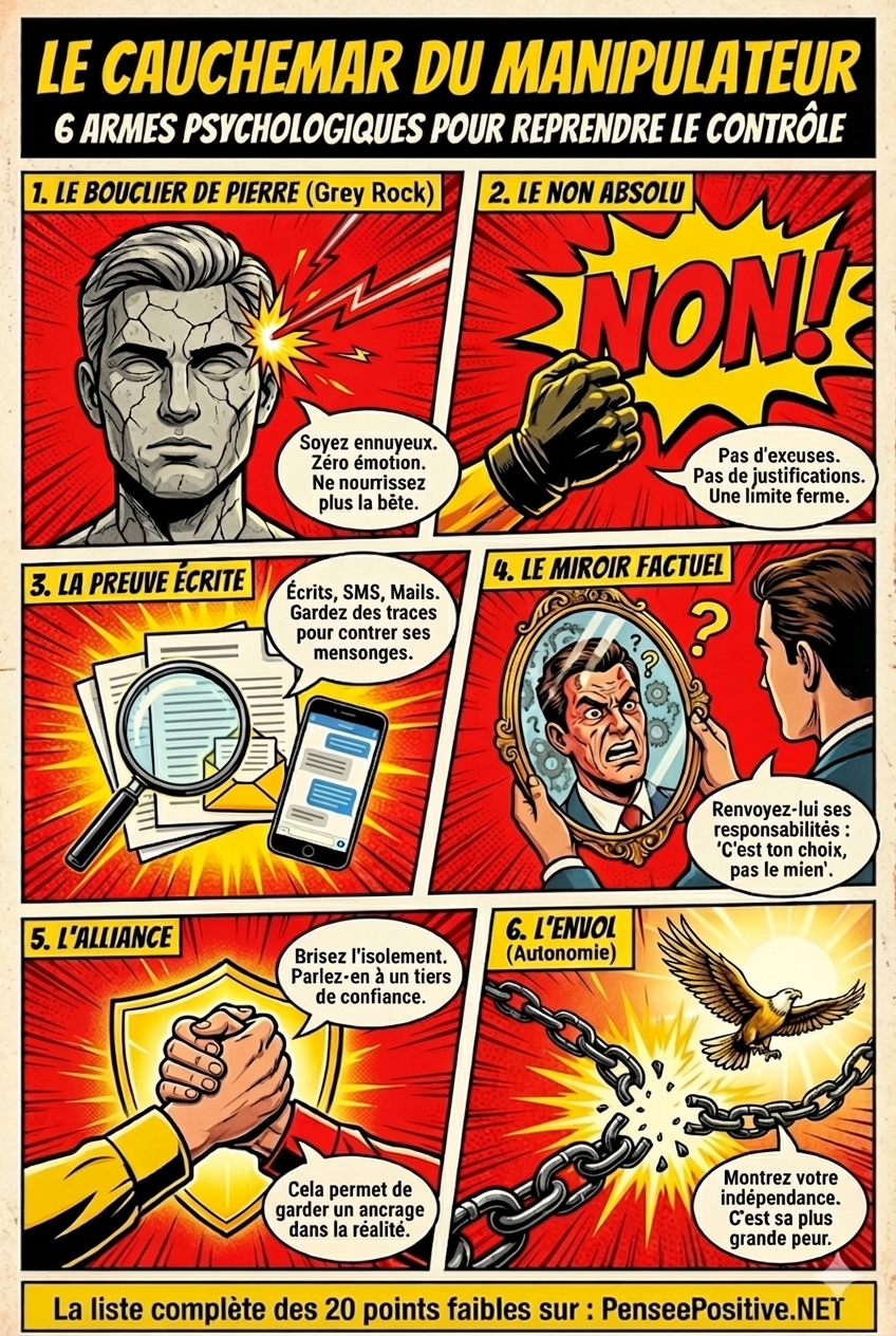 20 Choses qu’un Manipulateur Déteste (et Pourquoi ça Peut Vous Sauver la Vie) 3 Infographie style comics résumant les 6 points faibles d'un manipulateur : le bouclier de pierre, le refus, la preuve écrite, le miroir, l'alliance et l'autonomie.