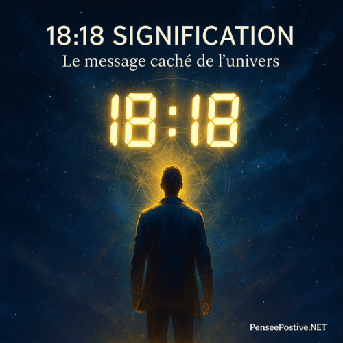 Illustration Marvel spirituelle représentant la signification de 18h18, avec une silhouette sous un ciel cosmique et un message lumineux de l’univers.