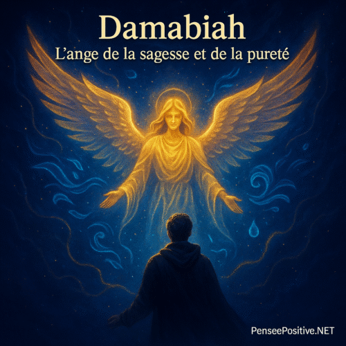 21h21 signification : le message caché derrière cette heure miroir puissante 4 Illustration spirituelle de l’ange Damabiah représentant un ange de lumière dorée aux ailes déployées devant un personnage de dos, entouré de symboles d’eau et d’un décor étoilé bleu nuit,