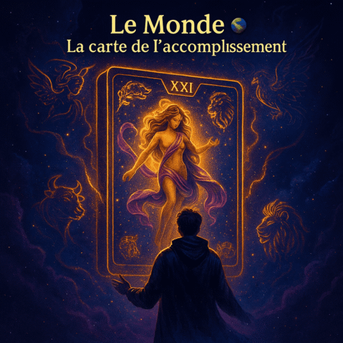 21h21 signification : le message caché derrière cette heure miroir puissante 5 illustration cosmique du tarot Le Monde représentant la carte XXI entourée d’une aura dorée et violette, avec les symboles du taureau, du lion, de l’aigle et de l’ange,
