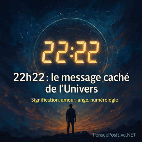 Illustration cosmique représentant la signification de 22h22, avec une horloge lumineuse affichant 22:22 dans un ciel étoilé et une silhouette observant la scène.