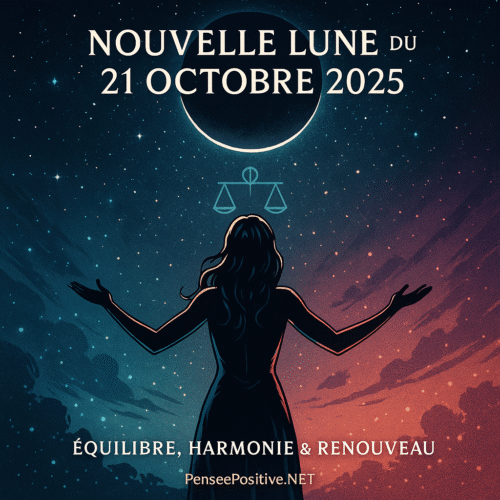 Nouvelle Lune du 21 octobre 2025 (Balance) : sens caché, rituels puissants et nouveaux départs ✨ 17 Nouvelle Lune du 21 octobre 2025 en Balance – silhouette féminine levant les bras vers un ciel étoilé, symbole de la Balance et Lune noire en arrière-plan – harmonie, renouveau et équilibre – PenseePositive.NET