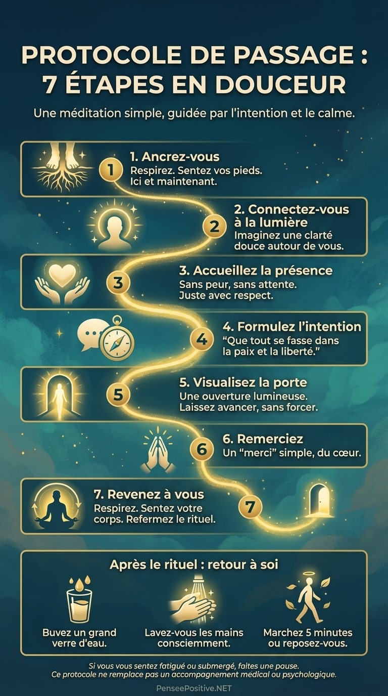 Êtes-vous passeur d’âme sans le savoir ? Les signes, la prière et les précautions à connaître 3 Protocole de passage en 7 étapes pour passeur d’âme : ancrage, intention, accompagnement et retour à soi.