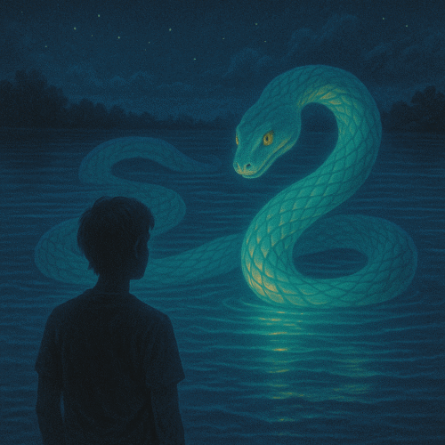 Rêver de serpent : significations claires + que faire après ce rêve 9 silhouette humaine observant un serpent lumineux turquoise et doré nageant sous une eau calme, symbolisant les émotions profondes, l’intuition et la transformation intérieure dans le rêve de serpent dans l’eau