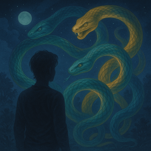 Rêver de serpent : significations claires + que faire après ce rêve 7 une silhouette humaine observant plusieurs serpents lumineux verts et dorés dans un décor onirique bleu nuit, symbolisant la multiplication des émotions et des défis intérieurs dans le rêve de plusieurs serpents
