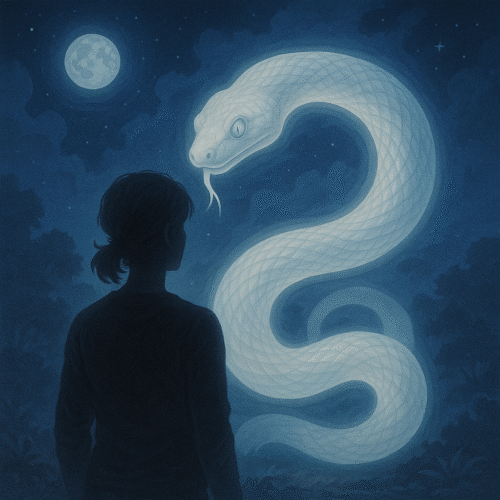 Rêver de serpent : significations claires + que faire après ce rêve 6 silhouette humaine observant un serpent blanc lumineux sous un ciel nocturne, symbolisant la pureté, la sagesse et l’éveil spirituel dans le rêve de serpent blanc