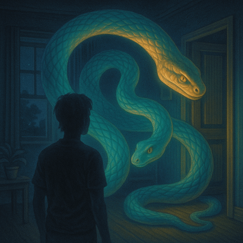 Rêver de serpent : significations claires + que faire après ce rêve 8 silhouette humaine observant un grand serpent lumineux turquoise et doré dans une maison faiblement éclairée, symbolisant les tensions intérieures ou la transformation personnelle dans le rêve de serpent dans la maison