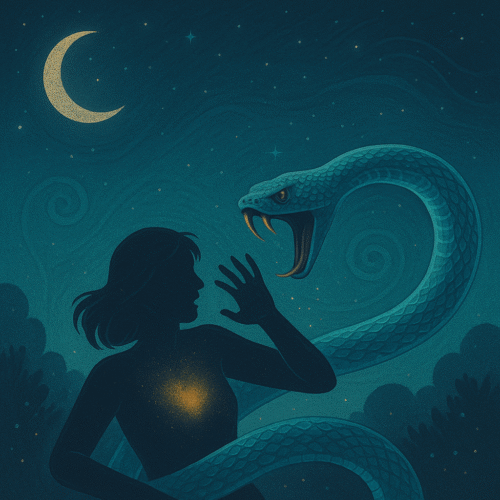 Rêver de serpent : significations claires + que faire après ce rêve 3 une silhouette humaine surprise dans un décor onirique bleu nuit avec un serpent d’énergie lumineuse turquoise et dorée symbolisant la peur intérieure et la transformation spirituelle dans le rêve de serpent qui attaque ou qui mord