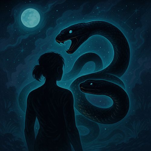 Rêver de serpent : significations claires + que faire après ce rêve 4 un serpent noir lumineux face à une silhouette calme, symbolisant la transformation et la part d’ombre dans le rêve
