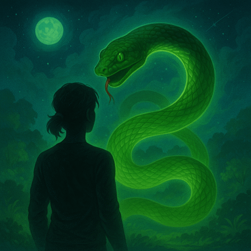 Rêver de serpent : significations claires + que faire après ce rêve 5 silhouette paisible face à un serpent vert émeraude lumineux sous un ciel nocturne, symbolisant la guérison, la régénération et le renouveau intérieur dans le rêve de serpent vert