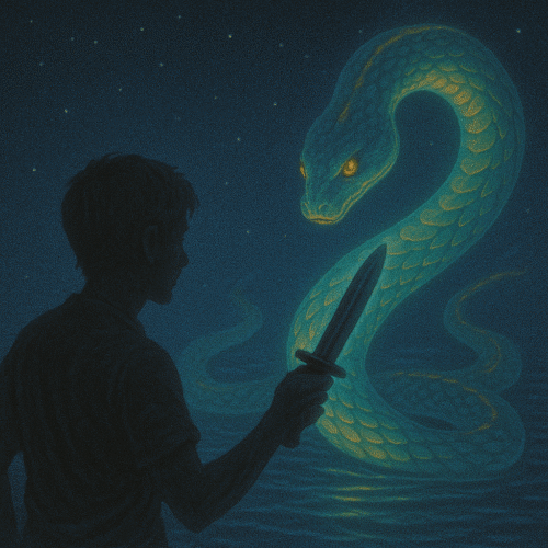 Rêver de serpent : significations claires + que faire après ce rêve 10 silhouette humaine faisant face à un grand serpent lumineux sous un ciel étoilé, symbolisant la libération d’une peur et la victoire intérieure dans le rêve de tuer un serpent