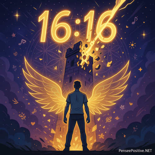 16h16 : Signification, amour, spiritualité et créativité 3 Illustration représentant la signification de 16 h16 avec une tour frappée par la lumière, un personnage guidé par l’ange Vehuel et des énergies de transformation spirituelle