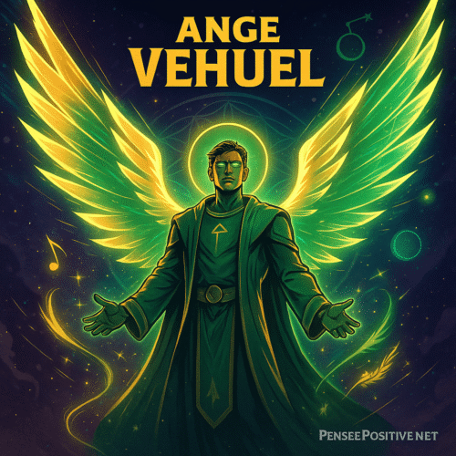 16h16 : Signification, amour, spiritualité et créativité 3 ange Vehuel avec ailes vert-doré, halo lumineux et énergie cosmique, représentant la guidance spirituelle de 16h16
