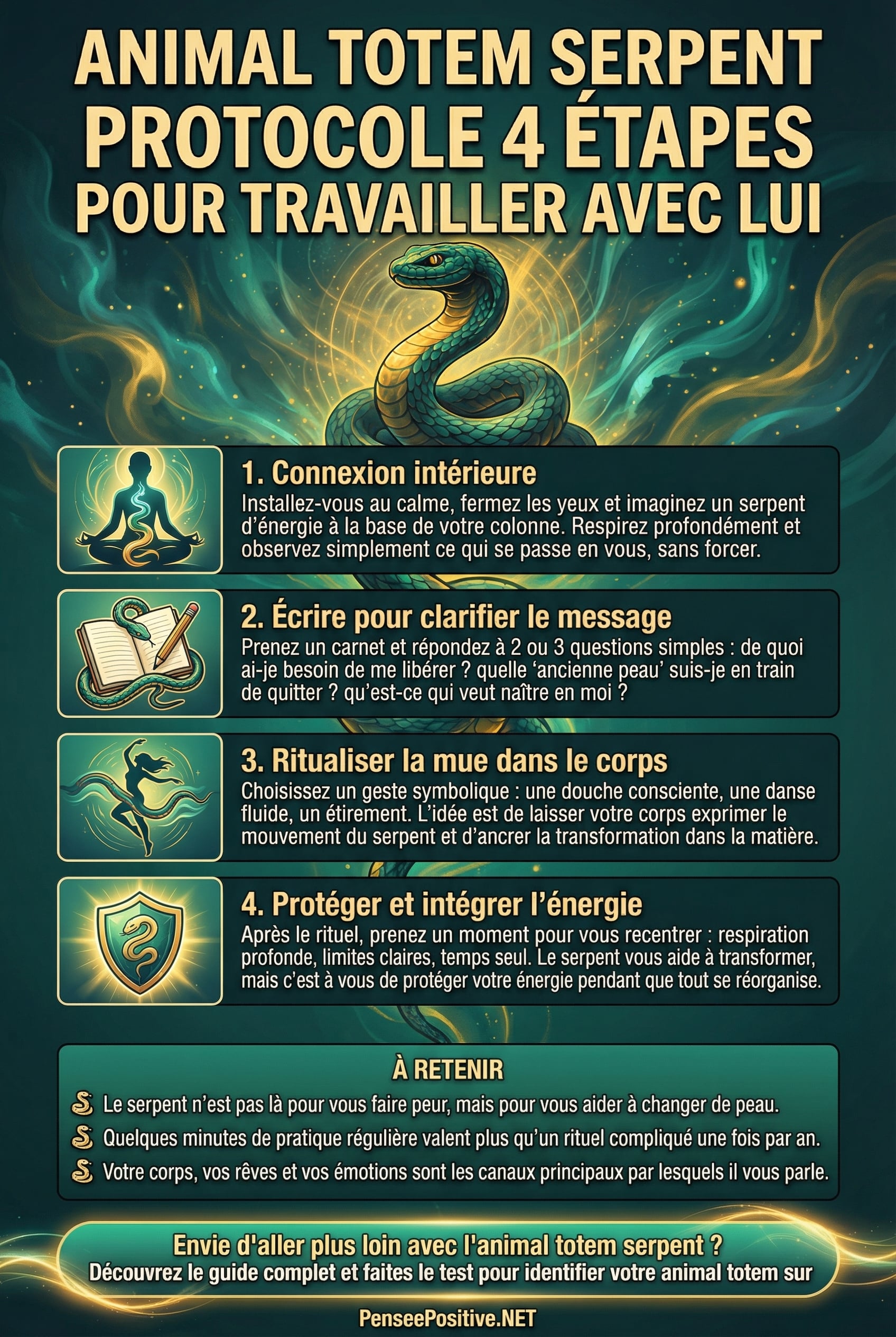 Animal Totem Serpent 🐍 : signification profonde, messages clés et comment l’activer dans votre vie 4 Infographie expliquant en 4 étapes comment travailler avec l’animal totem serpent : connexion intérieure, écriture, rituel corporel et protection énergétique.