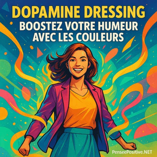 une femme confiante entourée de couleurs vibrantes représentant le dopamine dressing