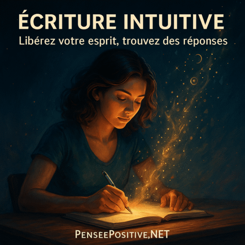 Femme pratiquant l'écriture inclusive dans un carnet lumineux sur un bureau en bois clair, une lueur dorée émanant de sa main symbolisant le flux intuitif