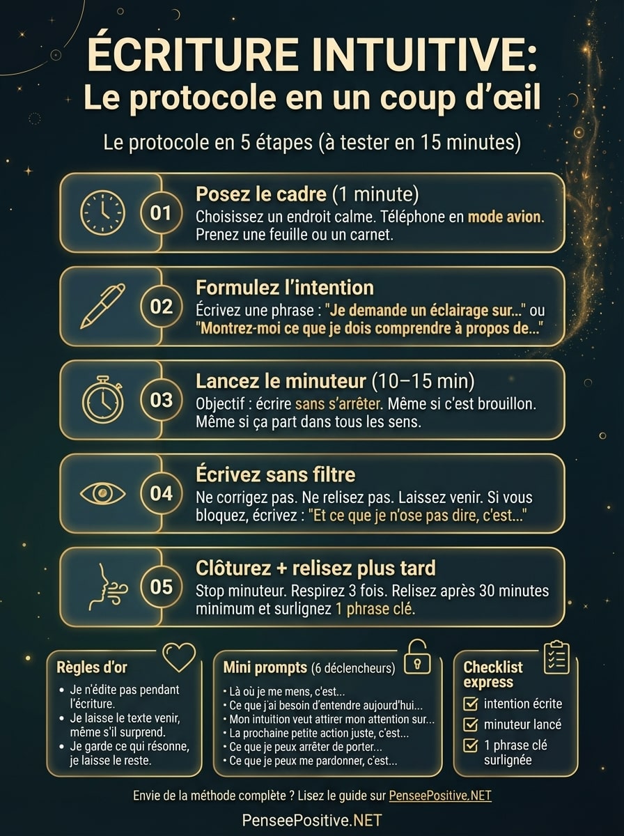 Écriture intuitive : l’outil secret pour calmer le mental et accéder à votre intuition 3 Infographie du protocole d’écriture intuitive en 5 étapes pour calmer le mental, écouter son intuition et trouver des réponses intérieures.