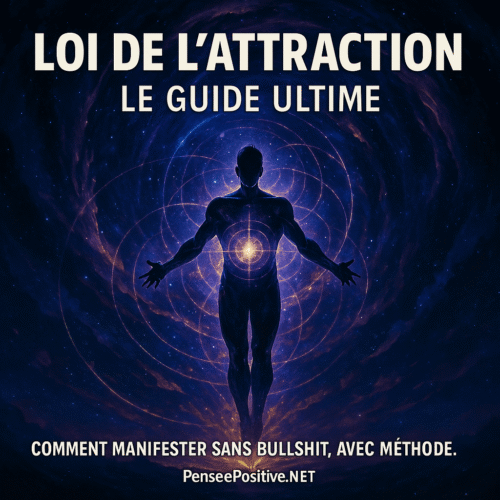 Loi de l’attraction : le guide ultime pour vraiment attirer ce que vous désirez 2 Une silhouette énergétique entourée d’un champ vibratoire dans un univers étoilé, avec le texte 'Loi de l’attraction : Le Guide Ultime