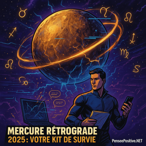 Mercure rétrograde avec effets de glitch numérique, signes astrologiques et personnage utilisant un smartphone et un ordinateur, image pour article sur mercure rétrograde 2025 et kit de survie.