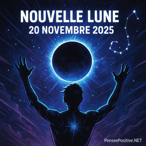 Nouvelle Lune du 20 novembre 2025 : microlune en Scorpion pour transformer votre fin d’année 2 nouvelle lune du 20 novembre 2025 avec une silhouette énergétique face à une microlune en Scorpion, halo bleu violet et constellation du Scorpion