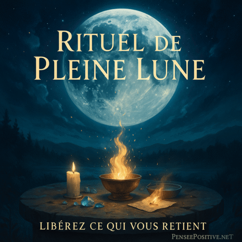Un rituel de la pleine lune sur une table de pierre, avec bougie, flamme dorée, bol d’eau et pleine lune géante dans le ciel nocturne. Image symbolisant la libération et l’énergie positive.